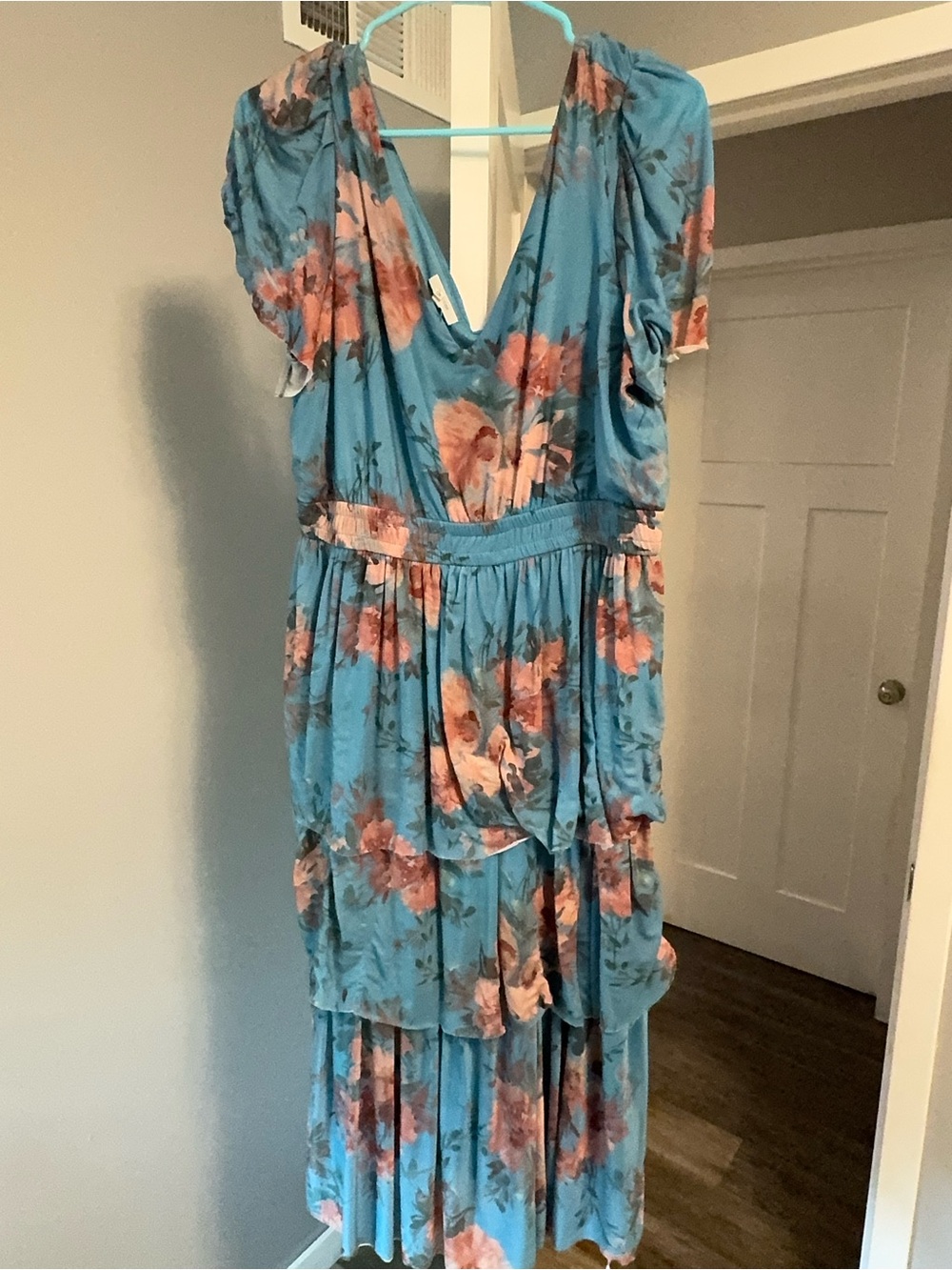 Maurices Blue Floral Tiered Maxi Dress with Pink Accents
